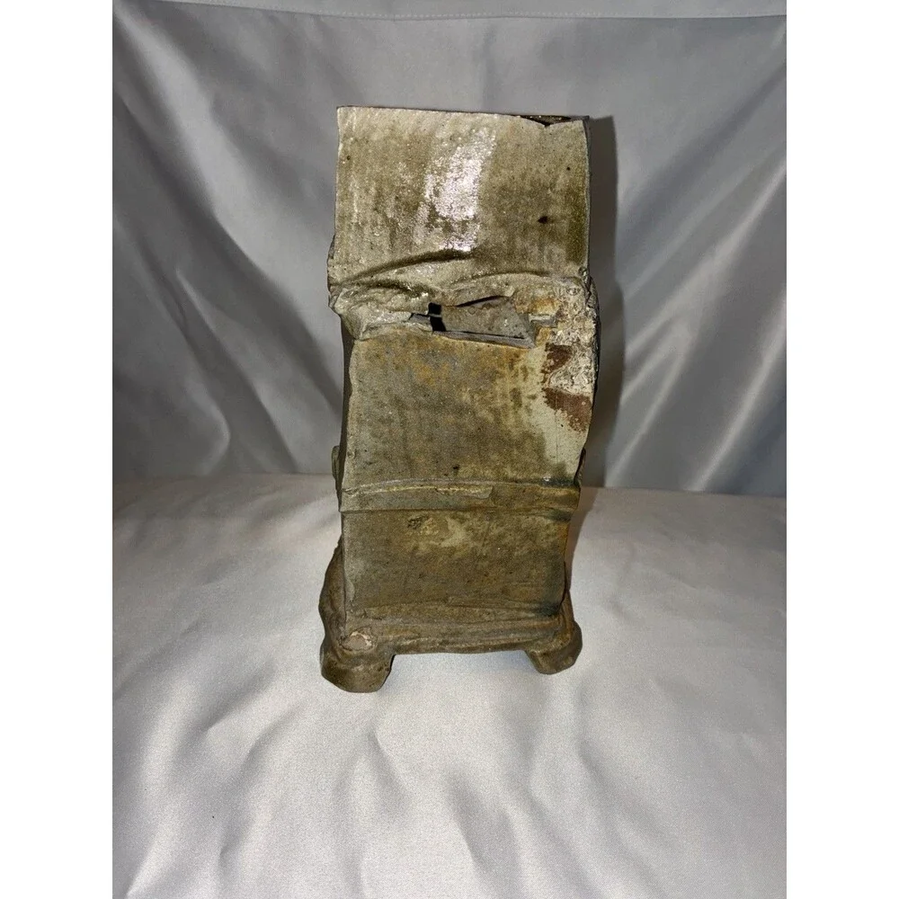 Studio Pottery Brutalist Wood Fired Stoneware Footed Vase Wabi Sabi Signed P Mit